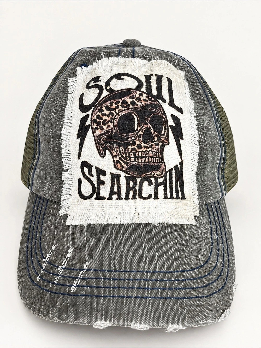 Distressed Gray & Olive Mesh “Soul Searchin” Skull Trucker Hat